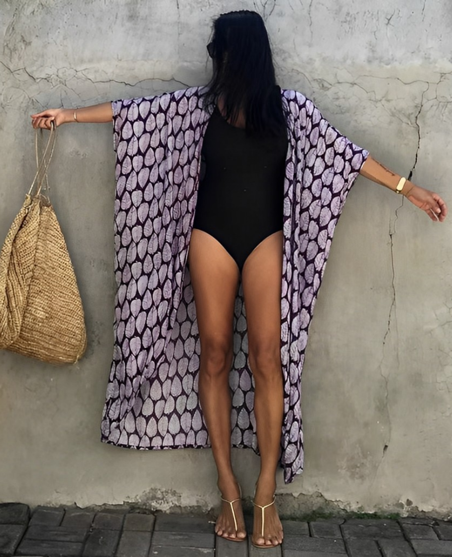 Mirla | Retro Kimono Lång, Mönstrad Strandkimono med Bälte för Damer-Eva Jonsson
