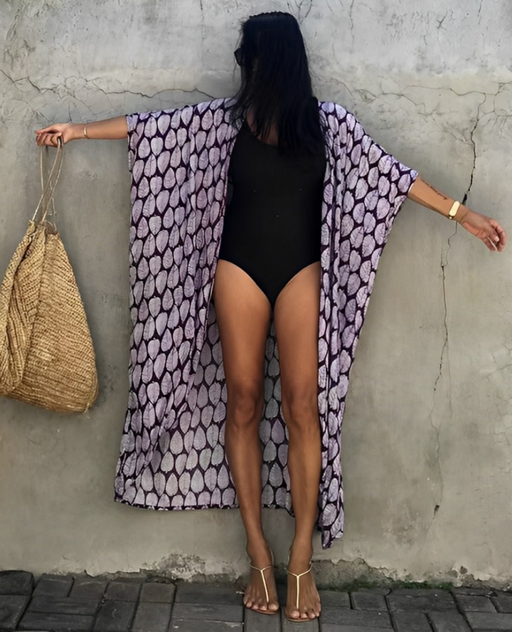 Mirla | Retro Kimono Lång, Mönstrad Strandkimono med Bälte för Damer-Eva Jonsson