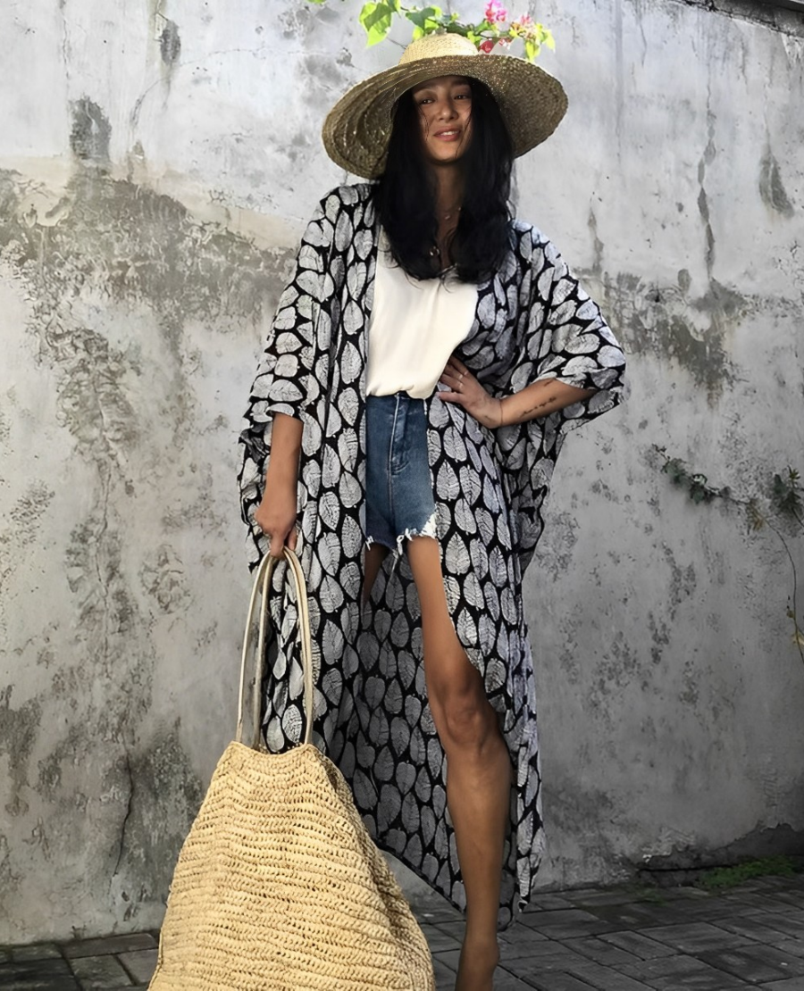 Mirla | Retro Kimono Lång, Mönstrad Strandkimono med Bälte för Damer-Eva Jonsson
