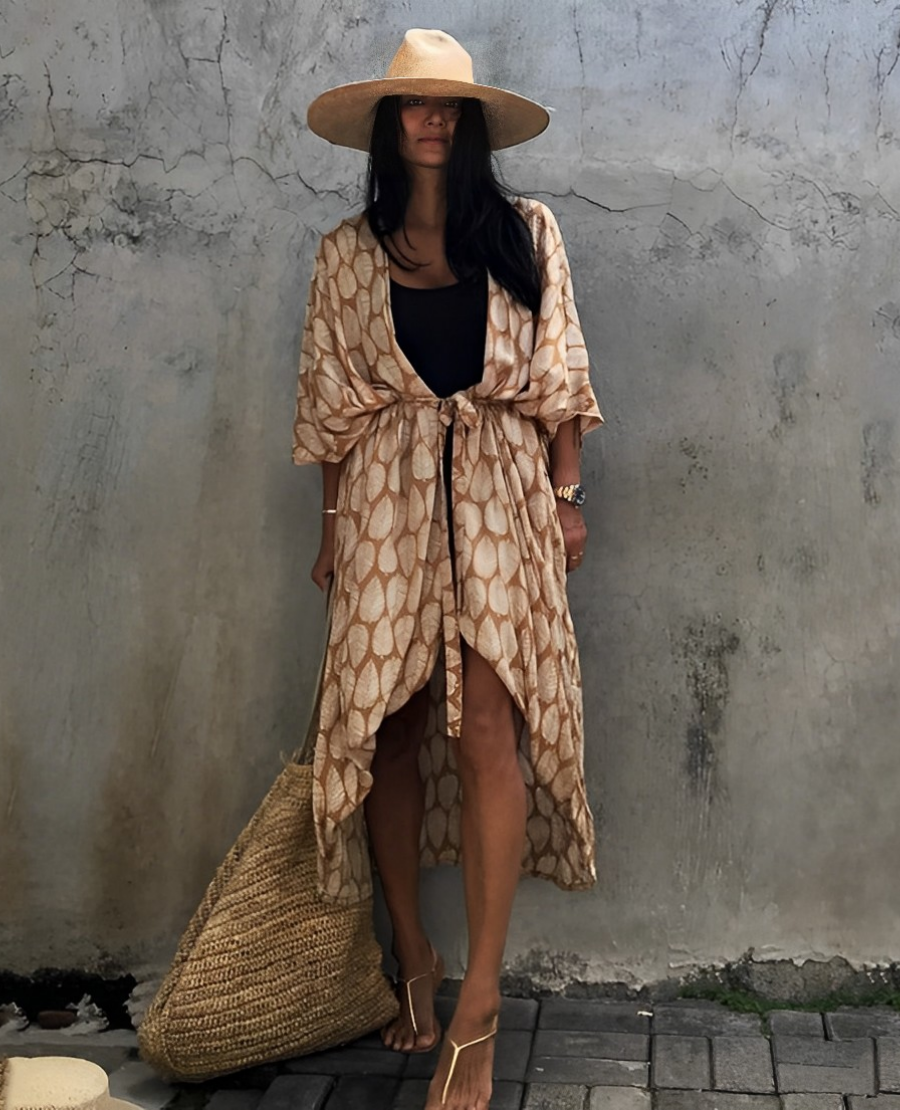 Mirla | Retro Kimono Lång, Mönstrad Strandkimono med Bälte för Damer-Eva Jonsson