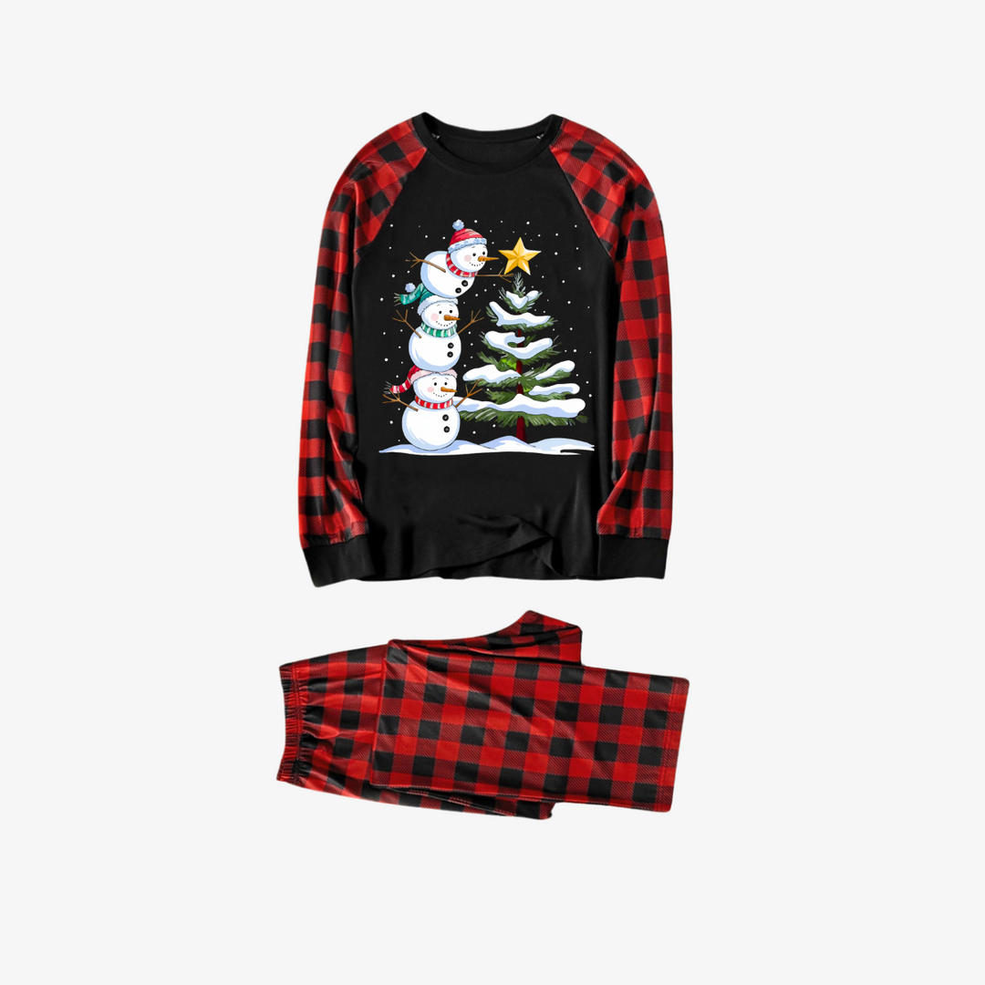 Eva Jonsson | Röda och Svarta Rutiga Julpyjamas-Set med Snögubbe- och Julgranstryck-Eva Jonsson
