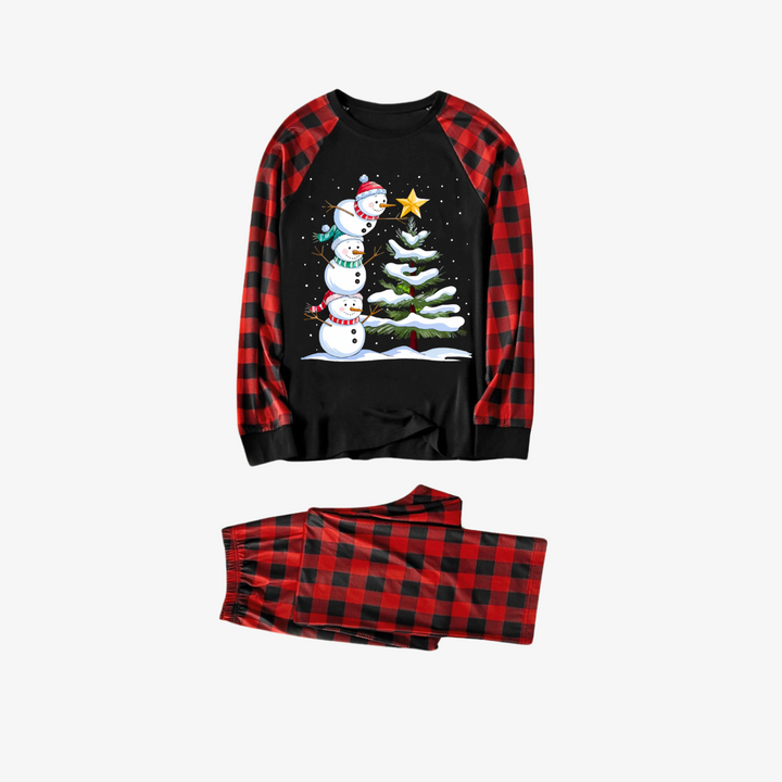Eva Jonsson | Röda och Svarta Rutiga Julpyjamas-Set med Snögubbe- och Julgranstryck-Eva Jonsson