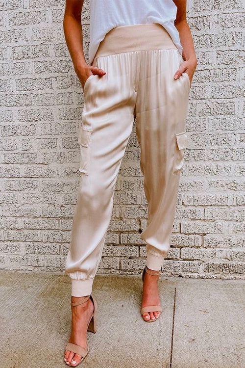 Mirla | Rosiedress Mode Stil Hög midja Satinhous med fickor-Eva Jonsson