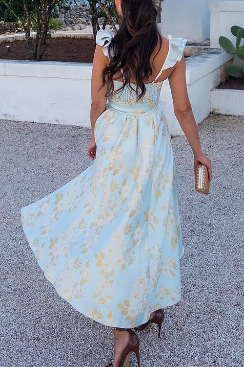 Mirla | Rosiedress Ryschskuldra Slipsknut Midja Slitstrykt Vintage Festklänning-Eva Jonsson