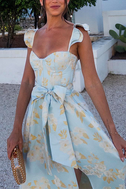 Mirla | Rosiedress Ryschskuldra Slipsknut Midja Slitstrykt Vintage Festklänning-Eva Jonsson