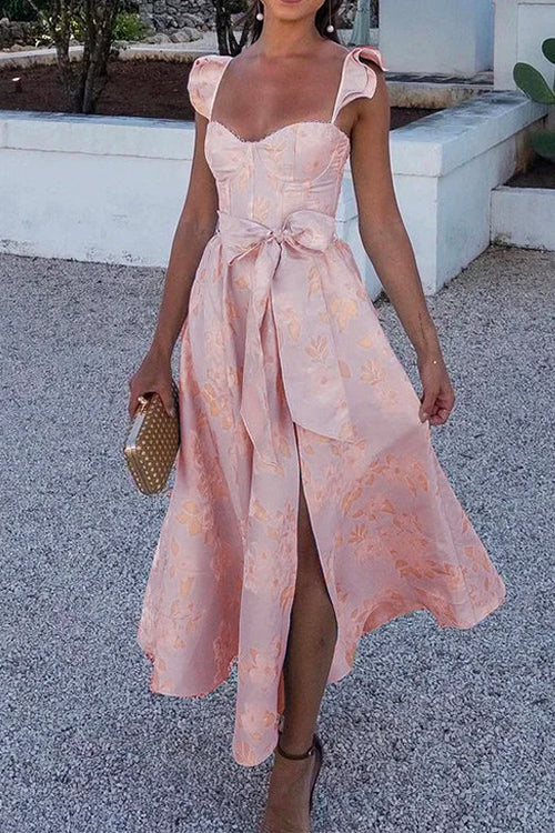 Mirla | Rosiedress Ryschskuldra Slipsknut Midja Slitstrykt Vintage Festklänning-Eva Jonsson