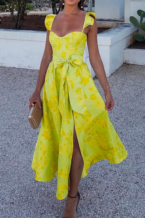 Mirla | Rosiedress Ryschskuldra Slipsknut Midja Slitstrykt Vintage Festklänning-Eva Jonsson