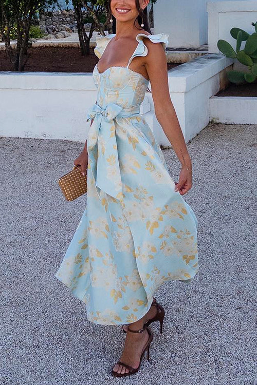 Mirla | Rosiedress Ryschskuldra Slipsknut Midja Slitstrykt Vintage Festklänning-Eva Jonsson