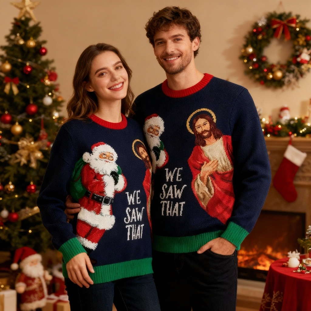 Eva Jonsson | Santa & Jesus Print Semestertröja - Avsiktlig Festlig Funktion-Eva Jonsson