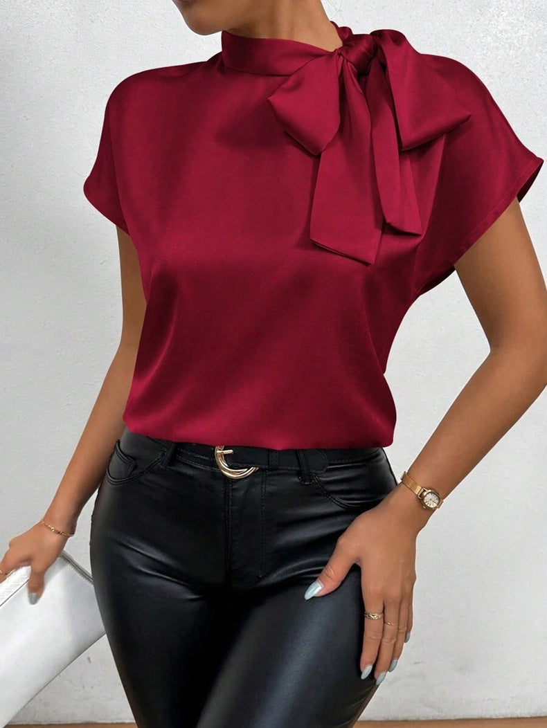 Mirla | Satinblus Kortärmad Hög Krage med Slips Elegant Avslappnad Passform-Eva Jonsson