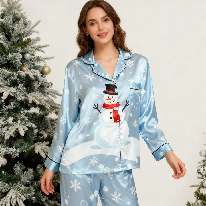 Eva Jonsson | Semester Par Knapp-Up Himlenblå Satin Jul Pyjamas Set-Eva Jonsson