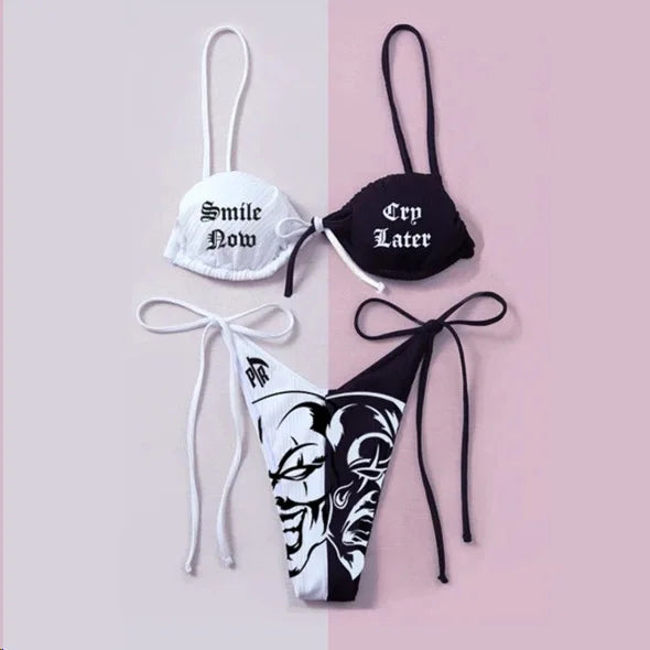 Mirla | Sexig Goth Bikini Kvinnor Bokstäver Dödskalle Tryck Badkläder Split Badkläder Hög Midja Gotisk Bikini Set Strandoutfits-Eva Jonsson