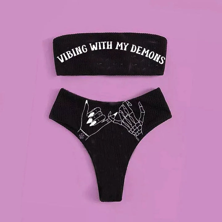 Mirla | Sexig Goth Bikini Kvinnor Bokstäver Dödskalle Tryck Badkläder Split Badkläder Hög Midja Gotisk Bikini Set Strandoutfits-Eva Jonsson