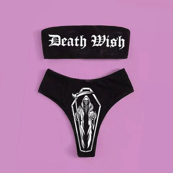 Mirla | Sexig Goth Bikini Kvinnor Bokstäver Dödskalle Tryck Badkläder Split Badkläder Hög Midja Gotisk Bikini Set Strandoutfits-Eva Jonsson