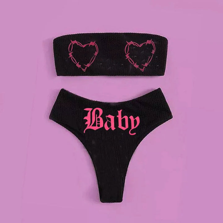 Mirla | Sexig Goth Bikini Kvinnor Bokstäver Dödskalle Tryck Badkläder Split Badkläder Hög Midja Gotisk Bikini Set Strandoutfits-Eva Jonsson