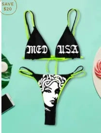 Mirla | Sexig Goth Bikini Kvinnor Bokstäver Dödskalle Tryck Badkläder Split Badkläder Hög Midja Gotisk Bikini Set Strandoutfits-Eva Jonsson