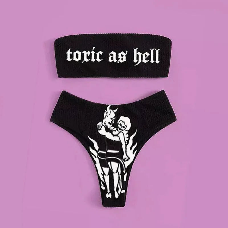 Mirla | Sexig Goth Bikini Kvinnor Bokstäver Dödskalle Tryck Badkläder Split Badkläder Hög Midja Gotisk Bikini Set Strandoutfits-Eva Jonsson