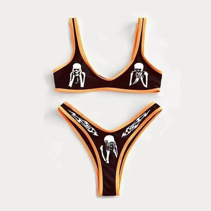 Mirla | Sexig Goth Bikini Kvinnor Bokstäver Dödskalle Tryck Badkläder Split Badkläder Hög Midja Gotisk Bikini Set Strandoutfits-Eva Jonsson