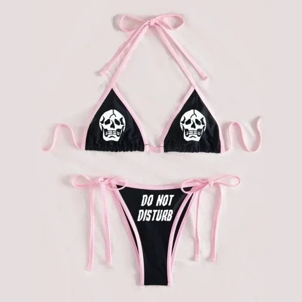 Mirla | Sexig Goth Bikini Kvinnor Bokstäver Dödskalle Tryck Badkläder Split Badkläder Hög Midja Gotisk Bikini Set Strandoutfits-Eva Jonsson