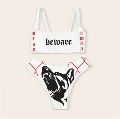 Mirla | Sexig Goth Bikini Kvinnor Bokstäver Dödskalle Tryck Badkläder Split Badkläder Hög Midja Gotisk Bikini Set Strandoutfits-Eva Jonsson