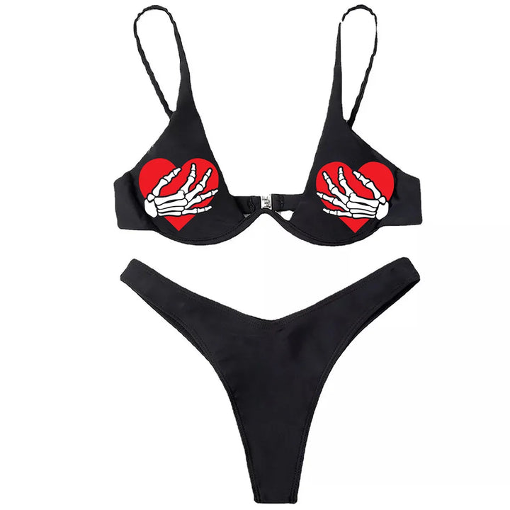 Mirla | Sexig Goth Bikini Kvinnor Bokstäver Dödskalle Tryck Badkläder Split Badkläder Hög Midja Gotisk Bikini Set Strandoutfits-Eva Jonsson