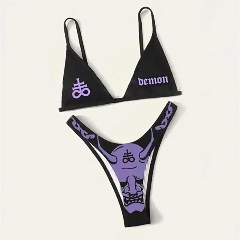 Mirla | Sexig Goth Bikini Kvinnor Bokstäver Dödskalle Tryck Badkläder Split Badkläder Hög Midja Gotisk Bikini Set Strandoutfits-Eva Jonsson