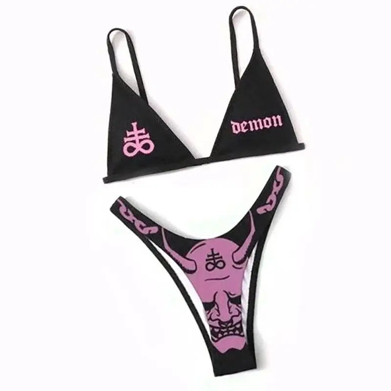 Mirla | Sexig Goth Bikini Kvinnor Bokstäver Dödskalle Tryck Badkläder Split Badkläder Hög Midja Gotisk Bikini Set Strandoutfits-Eva Jonsson