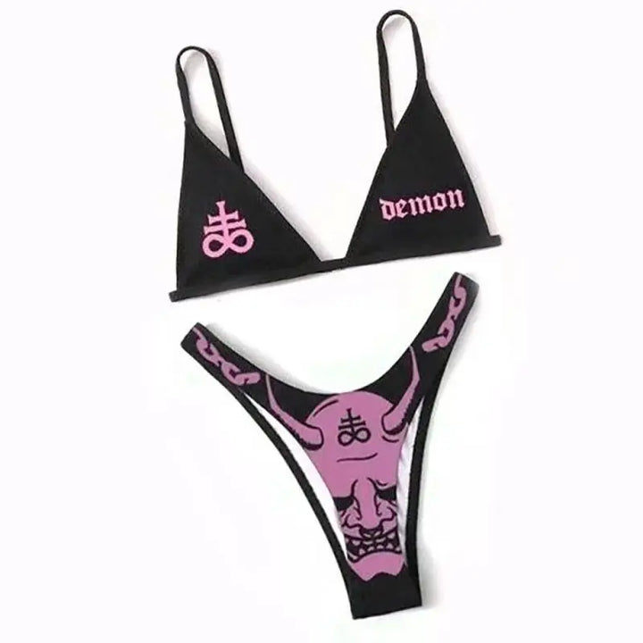 Mirla | Sexig Goth Bikini Kvinnor Bokstäver Dödskalle Tryck Badkläder Split Badkläder Hög Midja Gotisk Bikini Set Strandoutfits-Eva Jonsson