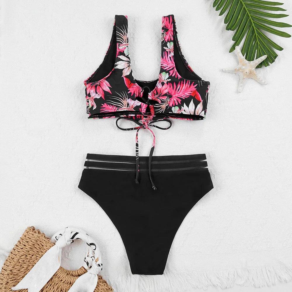 Mirla | Snörning Hög Midja Bikini Kvinna Badkläder Kvinna Badkläder Baddräkt Vadderad Push-Up Blommig Baddräkt Kvinna Bikini Set-Eva Jonsson