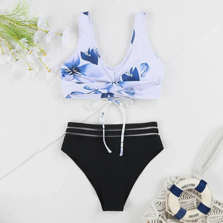 Mirla | Snörning Hög Midja Bikini Kvinna Badkläder Kvinna Badkläder Baddräkt Vadderad Push-Up Blommig Baddräkt Kvinna Bikini Set-Eva Jonsson