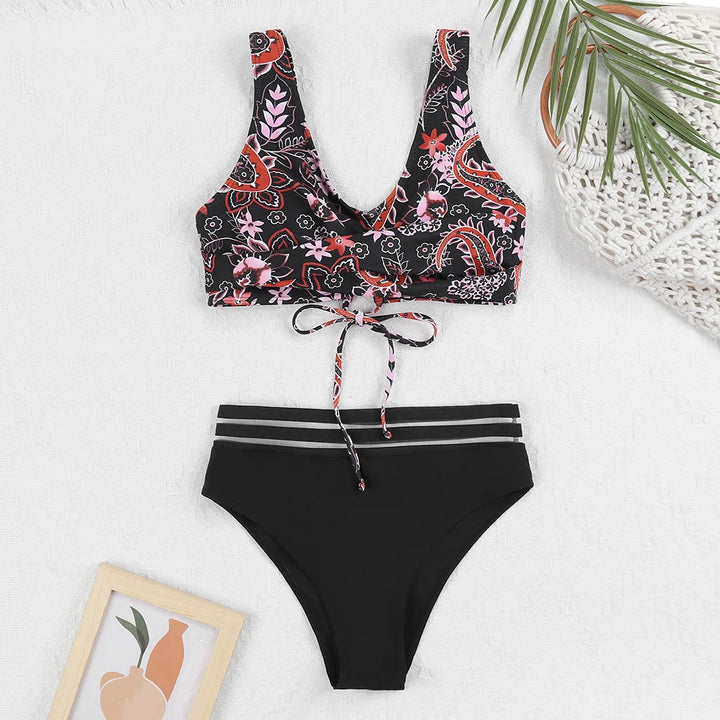 Mirla | Snörning Hög Midja Bikini Kvinna Badkläder Kvinna Badkläder Baddräkt Vadderad Push-Up Blommig Baddräkt Kvinna Bikini Set-Eva Jonsson