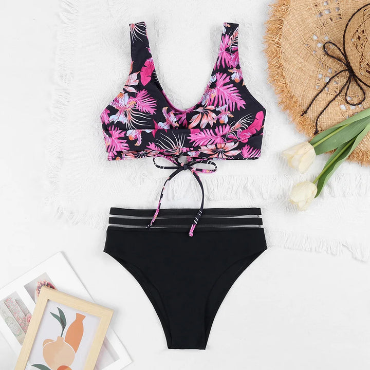 Mirla | Snörning Hög Midja Bikini Kvinna Badkläder Kvinna Badkläder Baddräkt Vadderad Push-Up Blommig Baddräkt Kvinna Bikini Set-Eva Jonsson