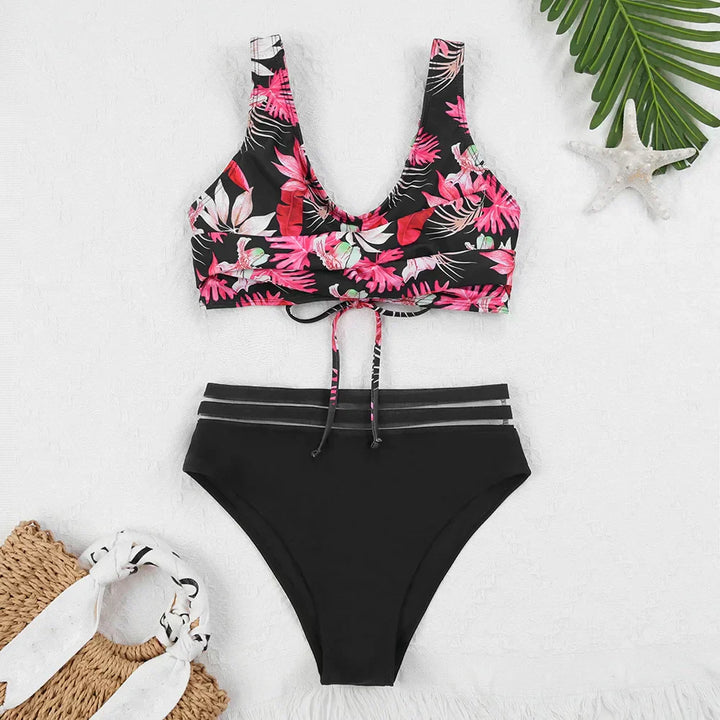 Mirla | Snörning Hög Midja Bikini Kvinna Badkläder Kvinna Badkläder Baddräkt Vadderad Push-Up Blommig Baddräkt Kvinna Bikini Set-Eva Jonsson