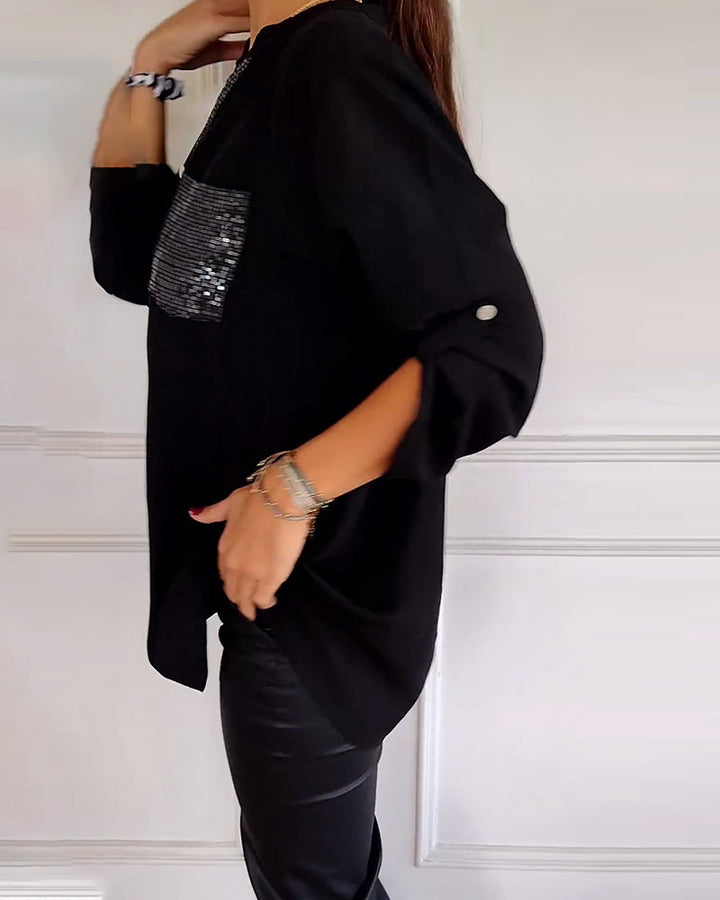Mirla | Snygg blus med knapplist och paljettdetaljer för damer Elegant långärmad blus med paljettficka-Eva Jonsson