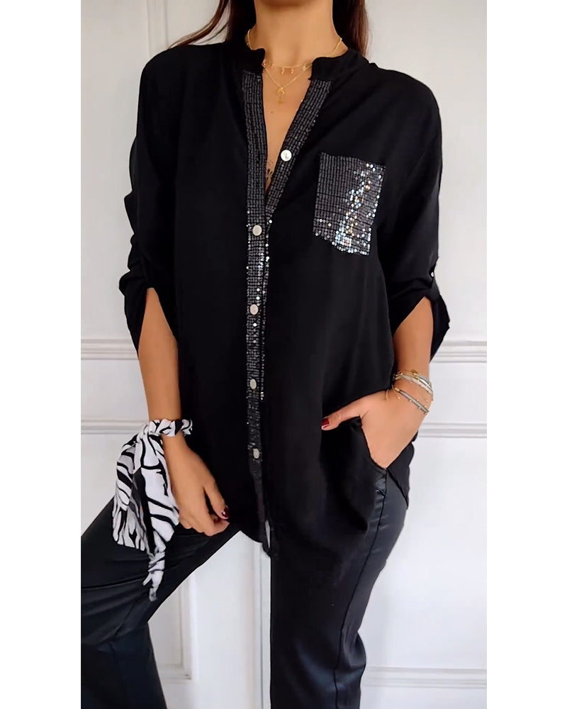 Mirla | Snygg blus med knapplist och paljettdetaljer för damer Elegant långärmad blus med paljettficka-Eva Jonsson