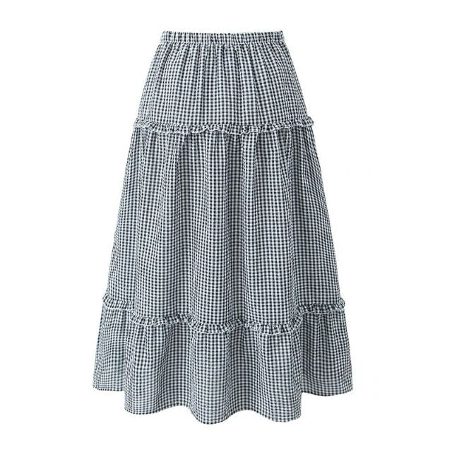 Mirla | Staplad Gingham-Midikjol med Volangdetalj-Eva Jonsson