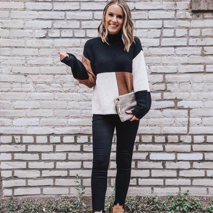 Mirla | Stickad tröja Oversized Fit Blockmönster Mjuk och Varm-Eva Jonsson