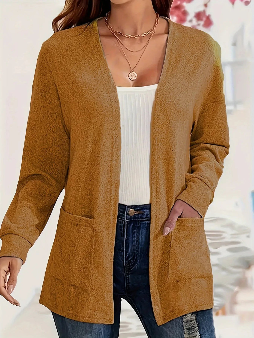 Mirla | Stilig stickad jacka med öppen front och fickor-Eva Jonsson