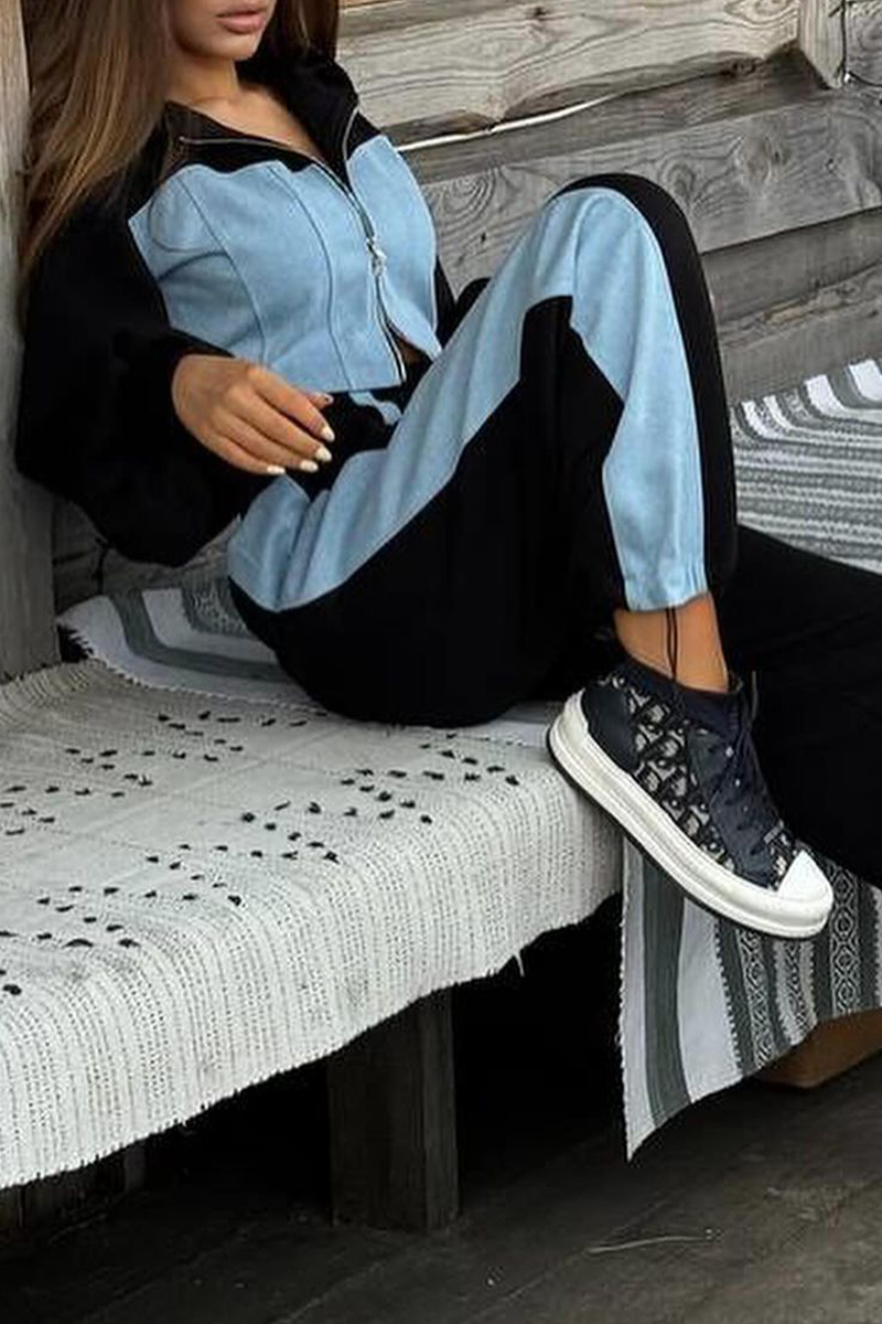 Mirla | Street Sportswear Patchwork Dragkedja Kontrast Hoodie Långärmad Två Delar - 3 Färger-Eva Jonsson