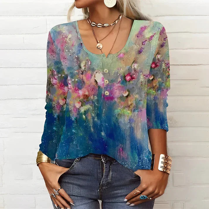 Mirla | T-shirt med långa ärmar och blommönster med rund halsringning och långa ärmar-Eva Jonsson