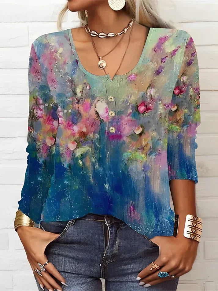 Mirla | T-shirt med långa ärmar och blommönster med rund halsringning och långa ärmar-Eva Jonsson