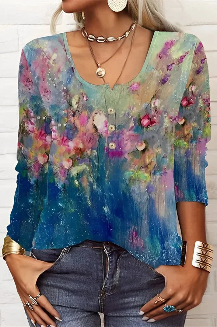 Mirla | T-shirt med långa ärmar och blommönster med rund halsringning och långa ärmar-Eva Jonsson
