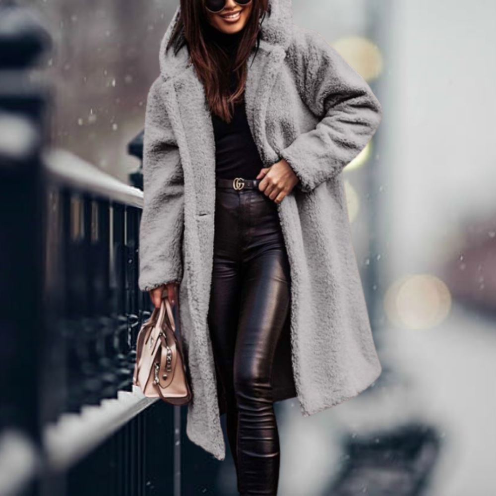 Mirla | Teddyjacka Lång Mjuk Fleece Lätt Oversize Passform med Huva Varm Komfort-Eva Jonsson