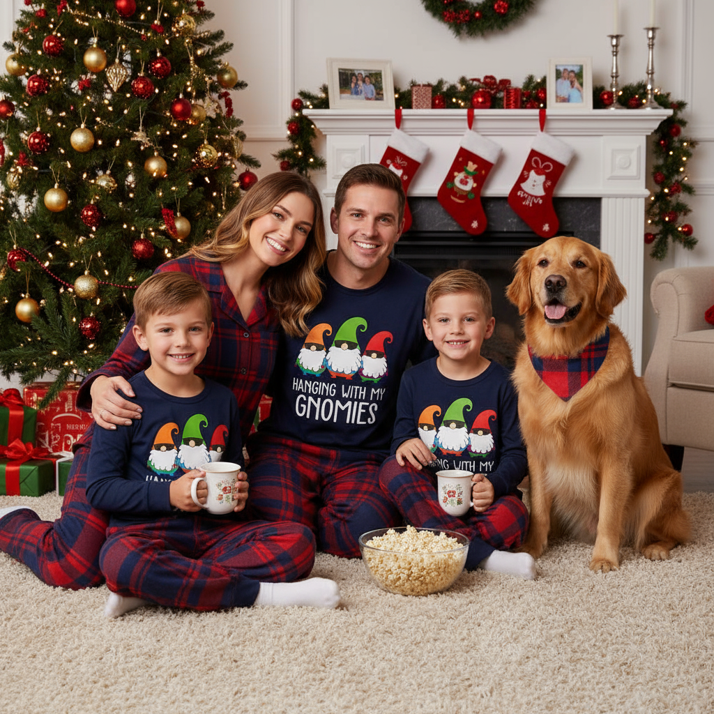 Eva Jonsson | Tre Jultomtar Hanging With My Gnomies Monogram Tryck Blå Långärmad Topp med Klassiska Röda och Blå Rutiga Byxor Familje Matchande Pyjamas-Eva Jonsson