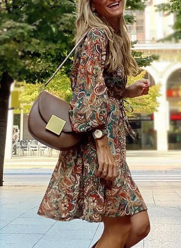 Mirla | Tryckt Boho-klänning med Långa Ärmar för Kvinnor-Eva Jonsson