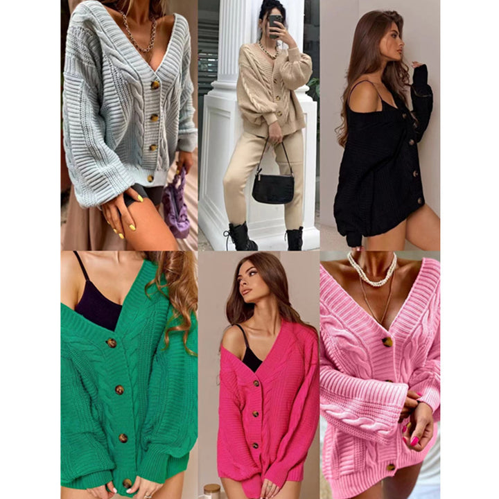 Färgstark chunky stickad cardigan för damer med stora knappar och voluminösa ärmar Mirla-Eva Jonsson