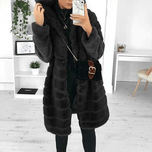 Faux Fur Coat - Vinterjacka med huva och päls för kvinnor-Eva Jonsson