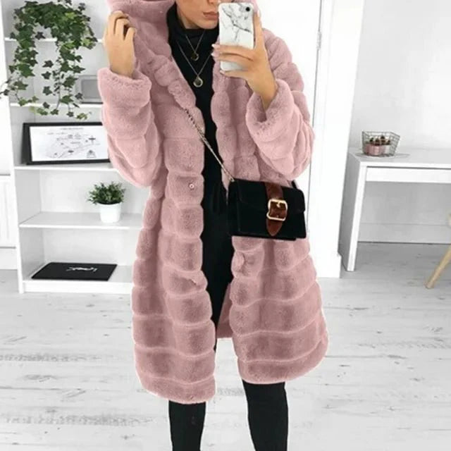 Faux Fur Coat - Vinterjacka med huva och päls för kvinnor-Eva Jonsson