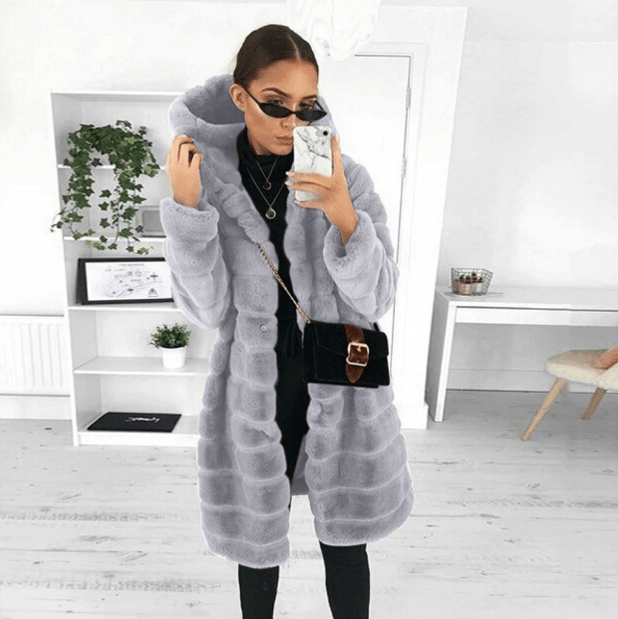 Faux Fur Coat - Vinterjacka med huva och päls för kvinnor-Eva Jonsson
