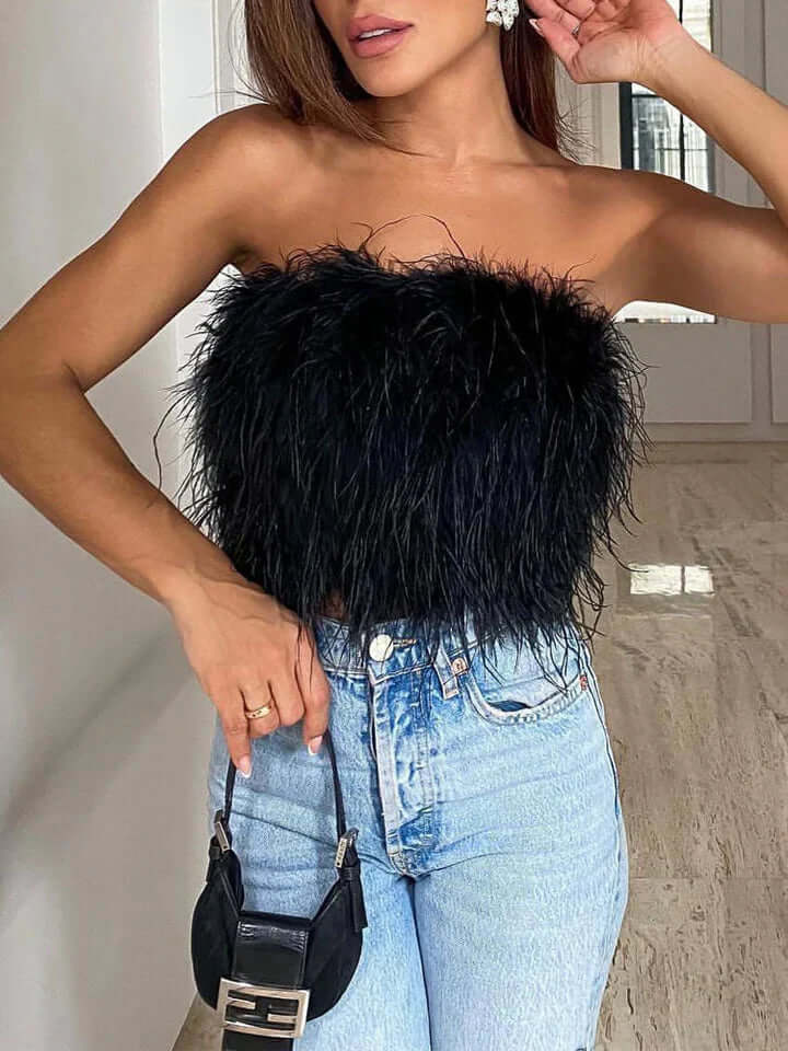 Fjädertopp - Bandeau - Party - Axelbandslös topp - Crop Top-Eva Jonsson